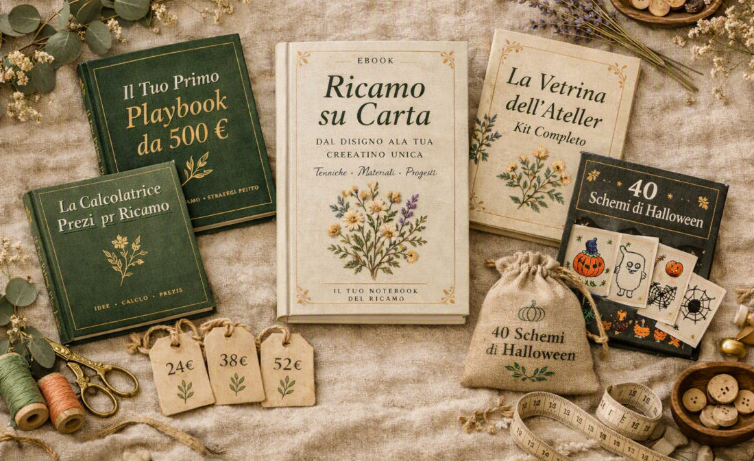 Il pacchetto completo: l'ebook «Ricamo su Carta», il Kit FairPrice e i 4 bonus disposti su un tavolo