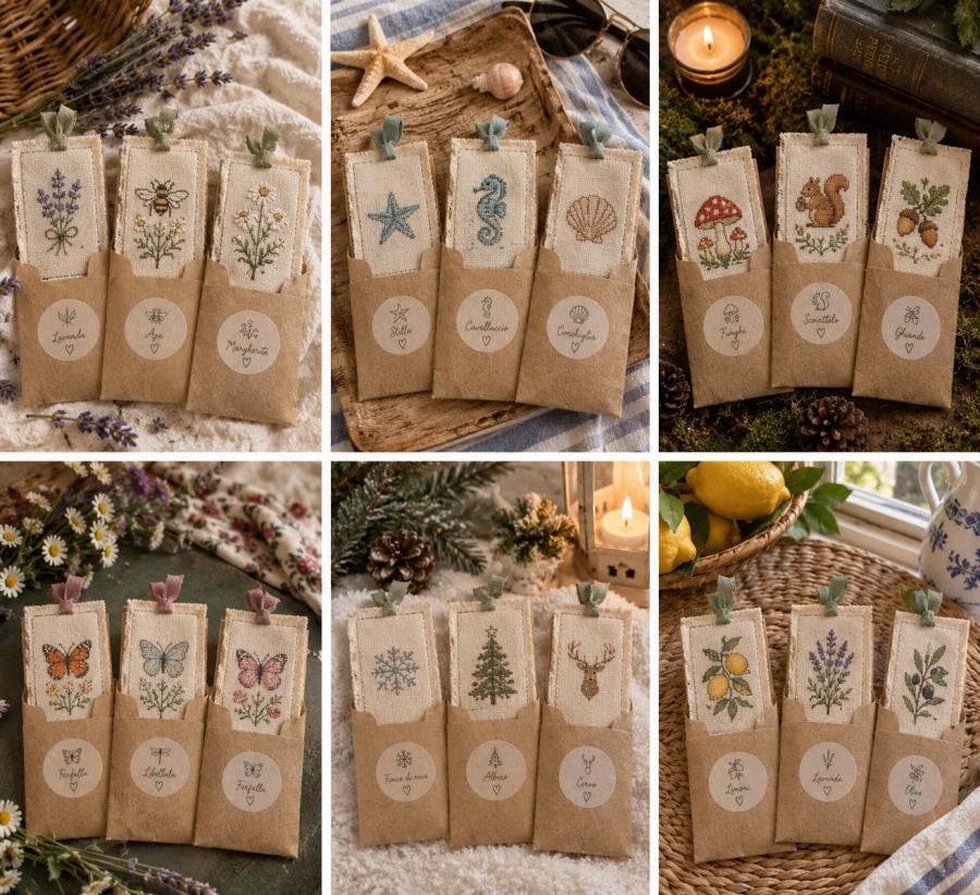 Diverse serie di segnalibri ricamati, organizzati per tema in bustine di carta