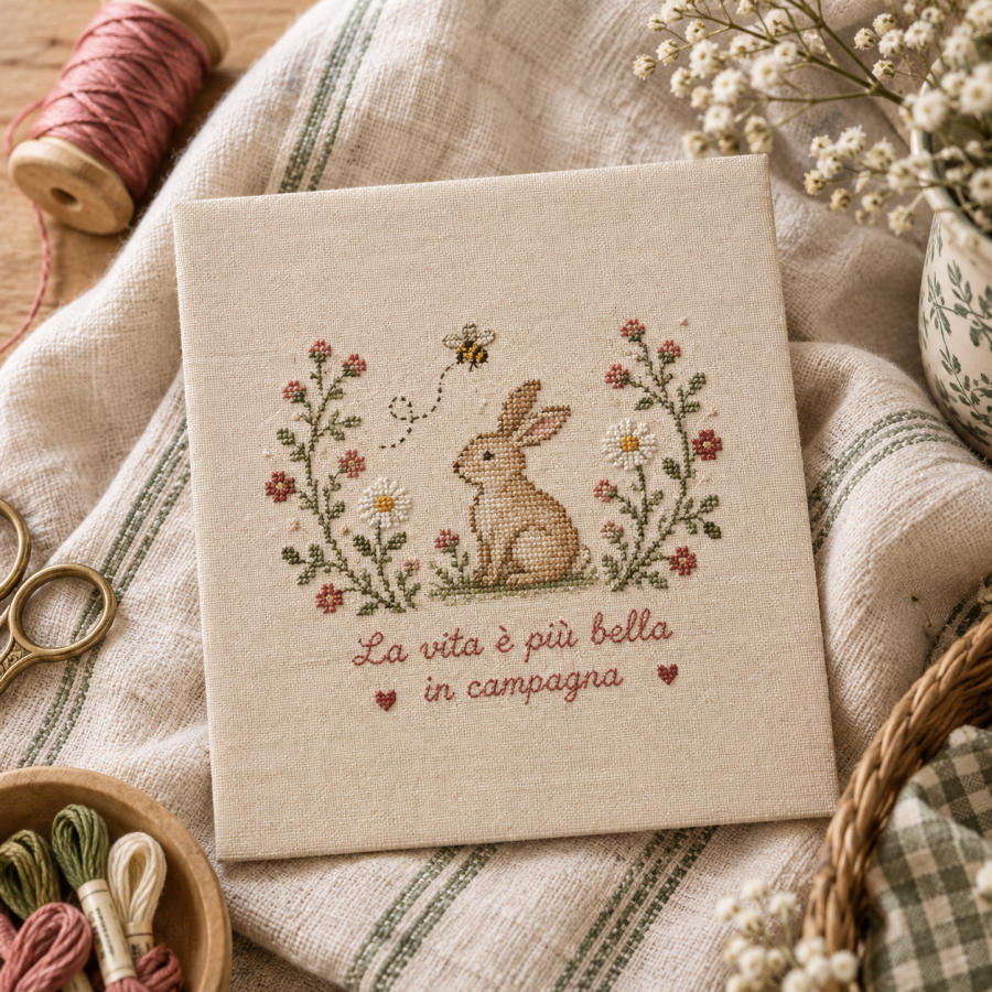 Quadretto ricamato con un coniglietto tra i fiori di campo e la scritta «La vita è più bella in campagna»