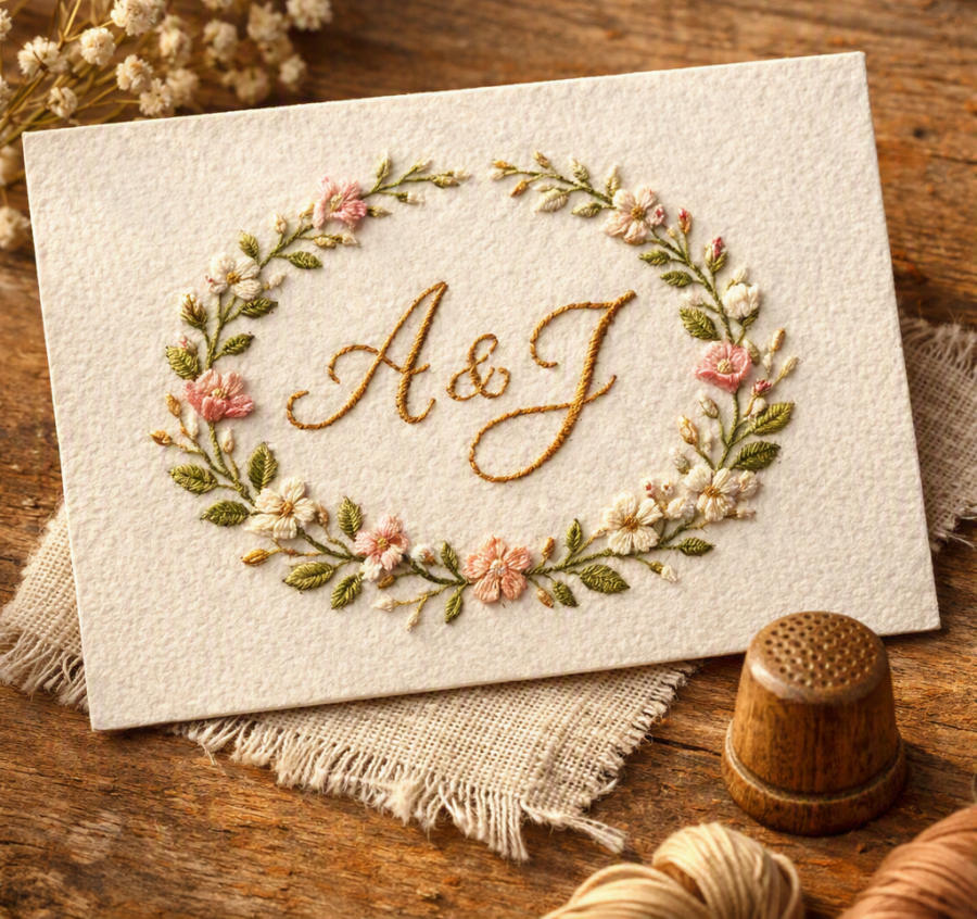 Biglietto ricamato con il monogramma «A & J» dentro una ghirlanda di fiori