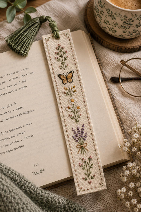 Segnalibro ricamato con farfalla e fiori di campo, appoggiato su un libro aperto accanto a una tazza