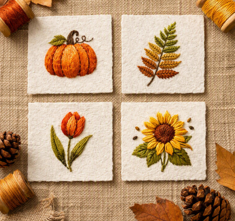 Quattro piccoli lavori d'autunno ricamati su cartoncino: zucca, felce, tulipano e girasole