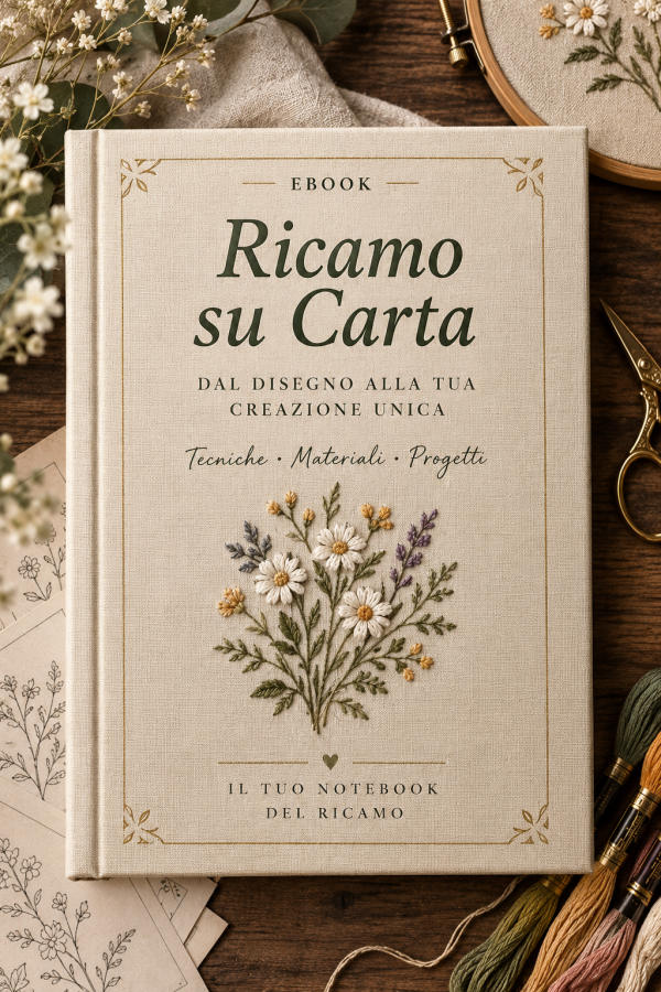Copertina dell'ebook «Ricamo su Carta»: dal disegno alla tua creazione unica — tecniche, materiali, progetti